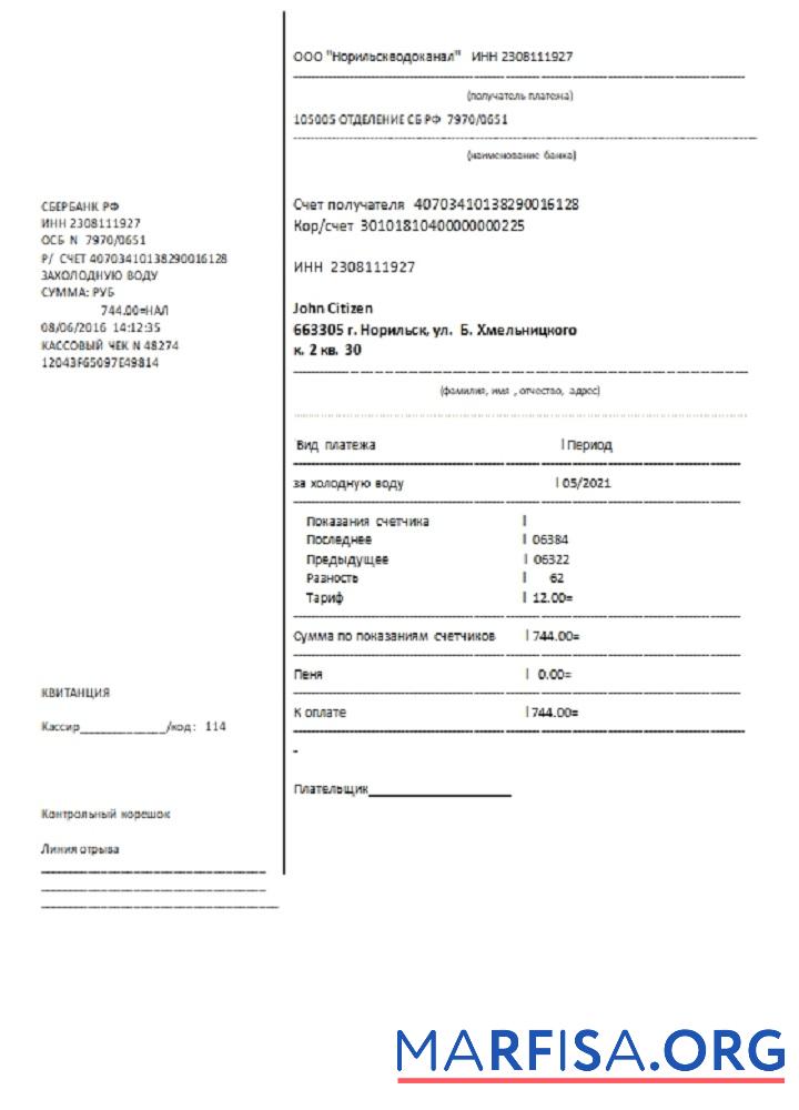 Realistic Russia water utility bill template in Word and PDF format, fully editable